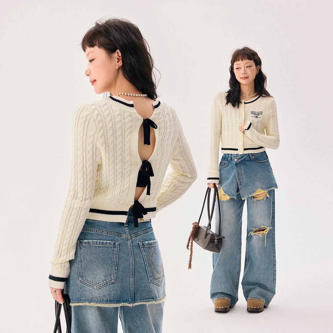 CHUU字母绣花系带露背设计新派简约圆领长袖韩系针织开衫