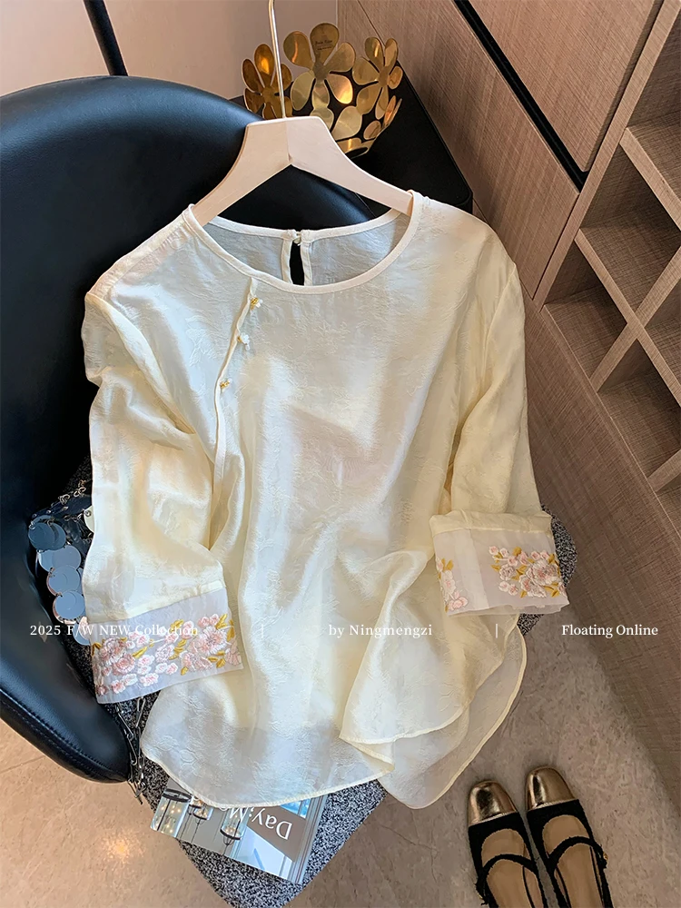 夏季新款新中式提花刺绣斜襟七分袖气质衬衫温柔减龄气质国风上衣