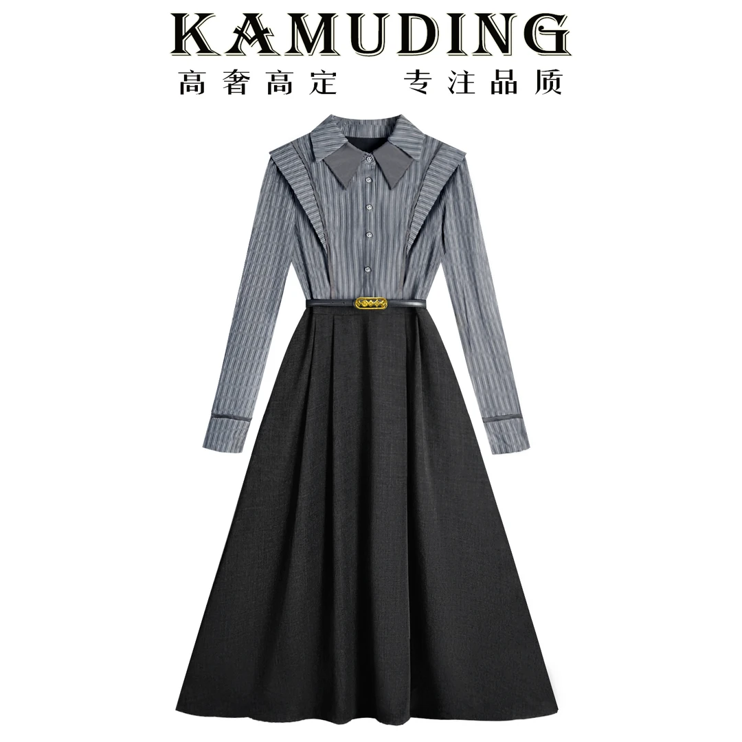 KAMUDING2025秋冬季轻奢高级感气质灰色条纹连衣裙8323