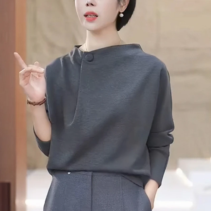 2025秋季新款灰色长袖女T恤时尚减龄显瘦短款立领内搭打底上衣