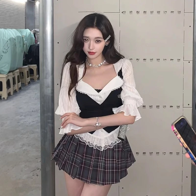 【爱豆体验卡】 衬衫马甲裙裤三件套女2025新款V型方领收腰衬衫套装