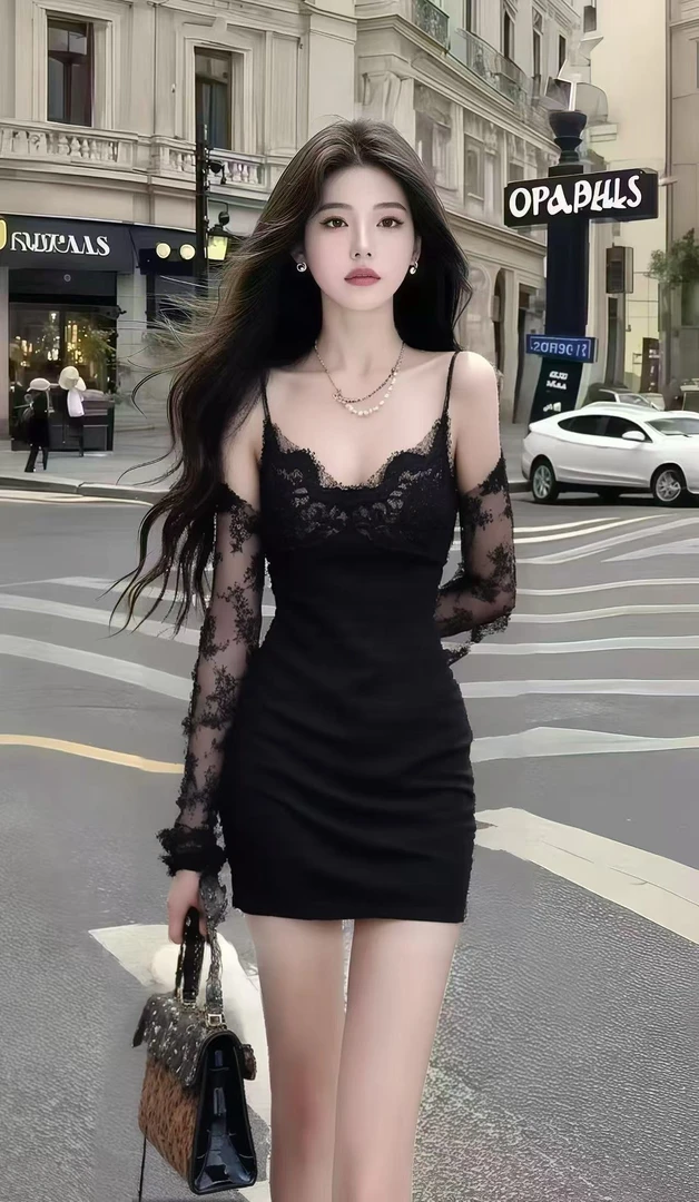轻奢气质名媛时尚高级感短裙黑色V领蕾丝吊带修身收腰包臀连衣裙