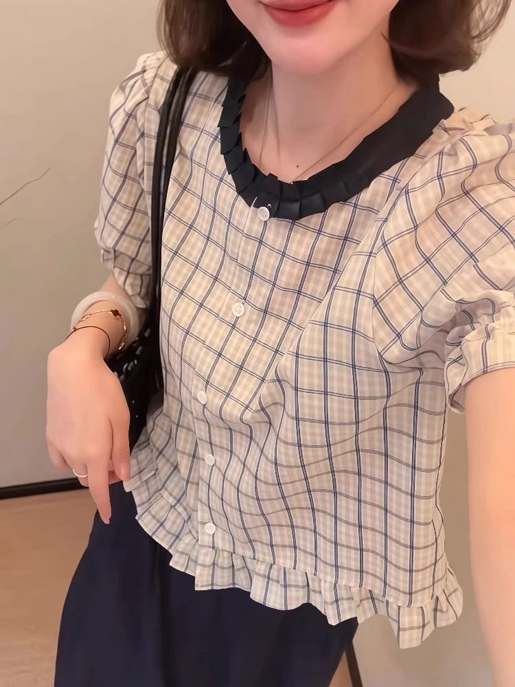 法式木耳边格子短袖衬衫女夏季2025新款独特漂亮掐腰小衫气质上衣
