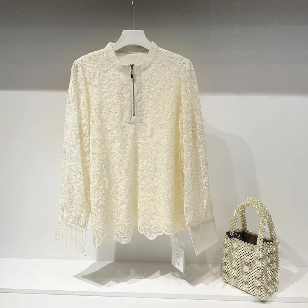 YB M胸104长65法式甜美蕾丝镂空长袖气质衬衫女时尚内搭上衣 8026