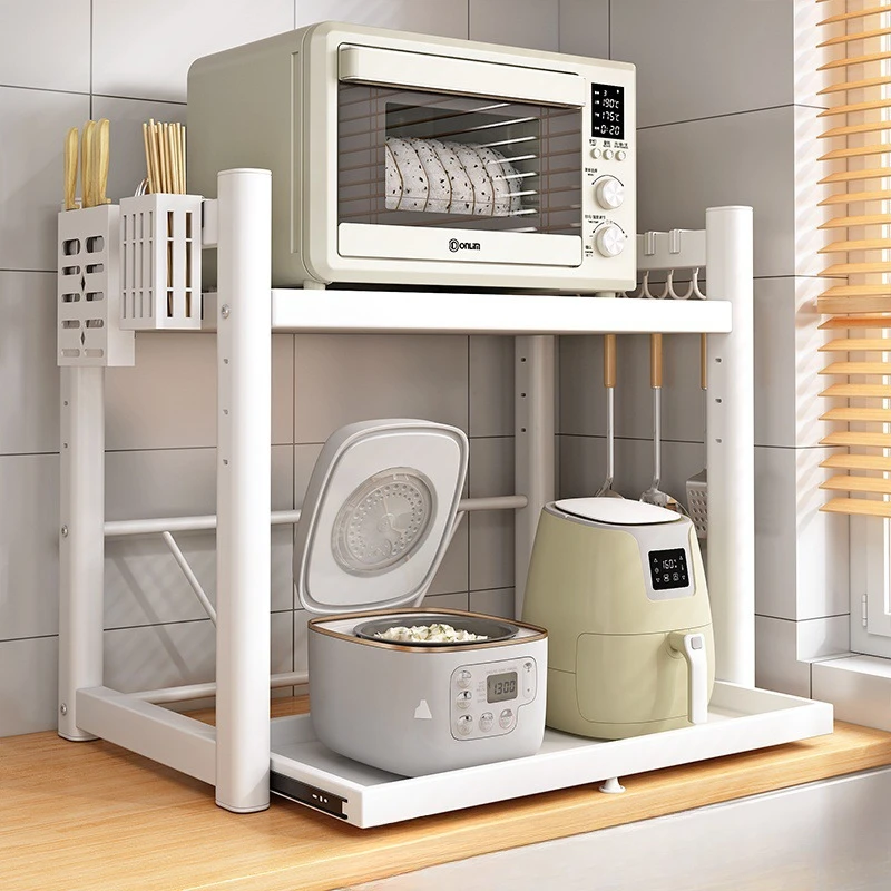 微波炉厨房置物架可调节抽拉式烤箱架加长加高电饭锅电器收纳架子
