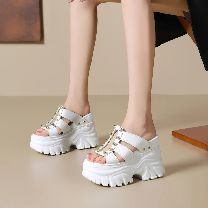 12cm增高高跟凉拖鞋女水钻外穿坡跟一字拖夏季休闲厚底松糕无后跟