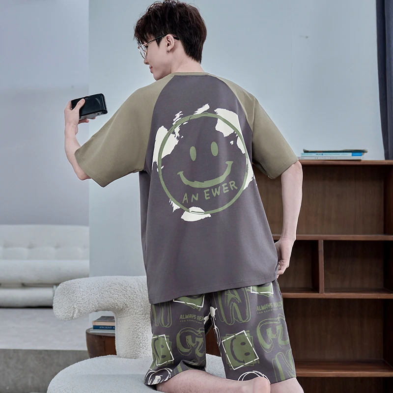 睡衣男款纯棉100%全棉夏季短袖加宽加大码卡通男士家居服套装夏天