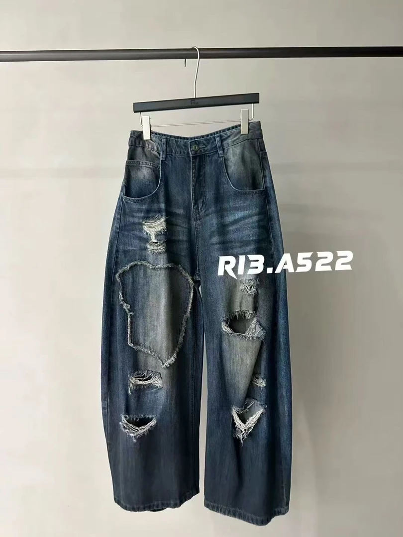 R13正品早秋新款 很洋气的裤型宽松百搭破洞牛仔裤女