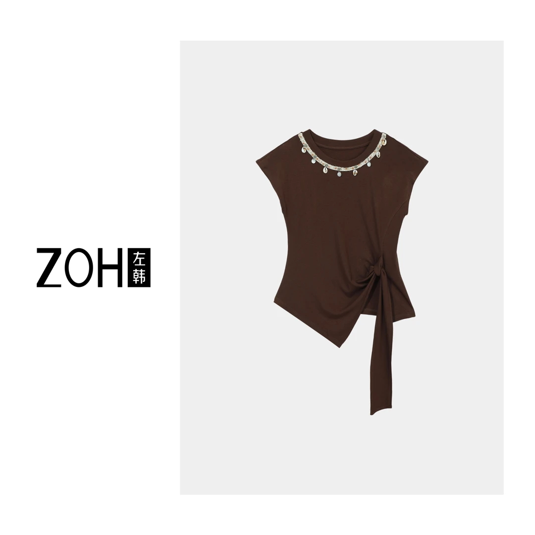ZH107【左韩】“简逸格调”设计感领口项链短袖T恤 韩系ins TH520131C