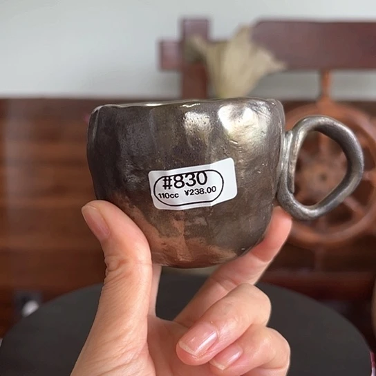 #830柴烧裸烧窑变银彩手捏咖啡杯