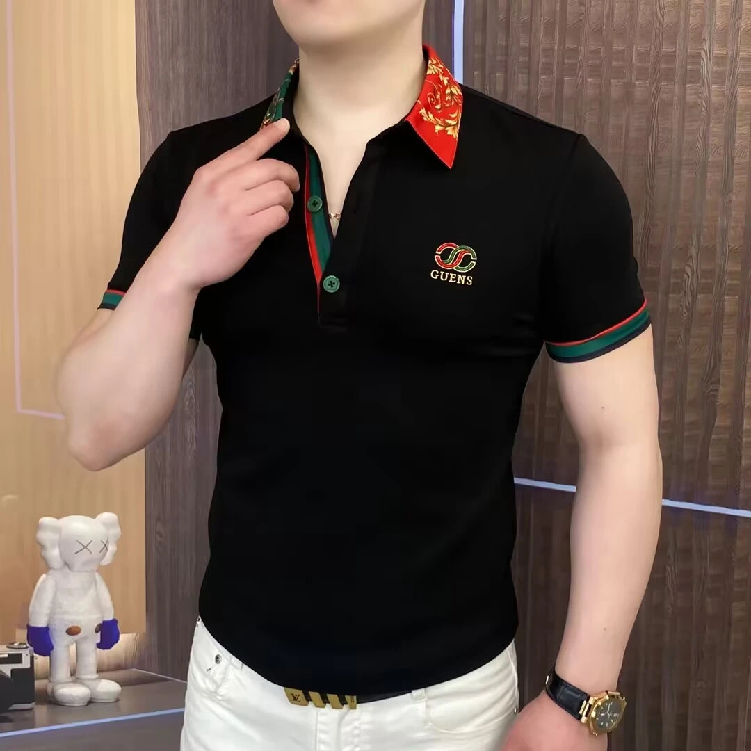 男士欧版翻领短袖T恤冰丝薄款简约重工刺绣烫钻POLO衫半袖上衣潮