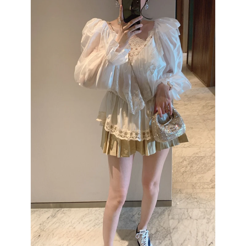 【张静芝】甜美镂空钩花拼接衬衫