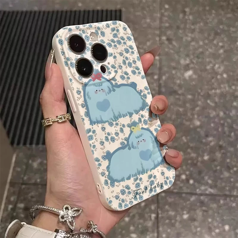 适用苹果16手机壳卡通透明创防摔可爱褶皱纹古董白蓝色碎花狗狗