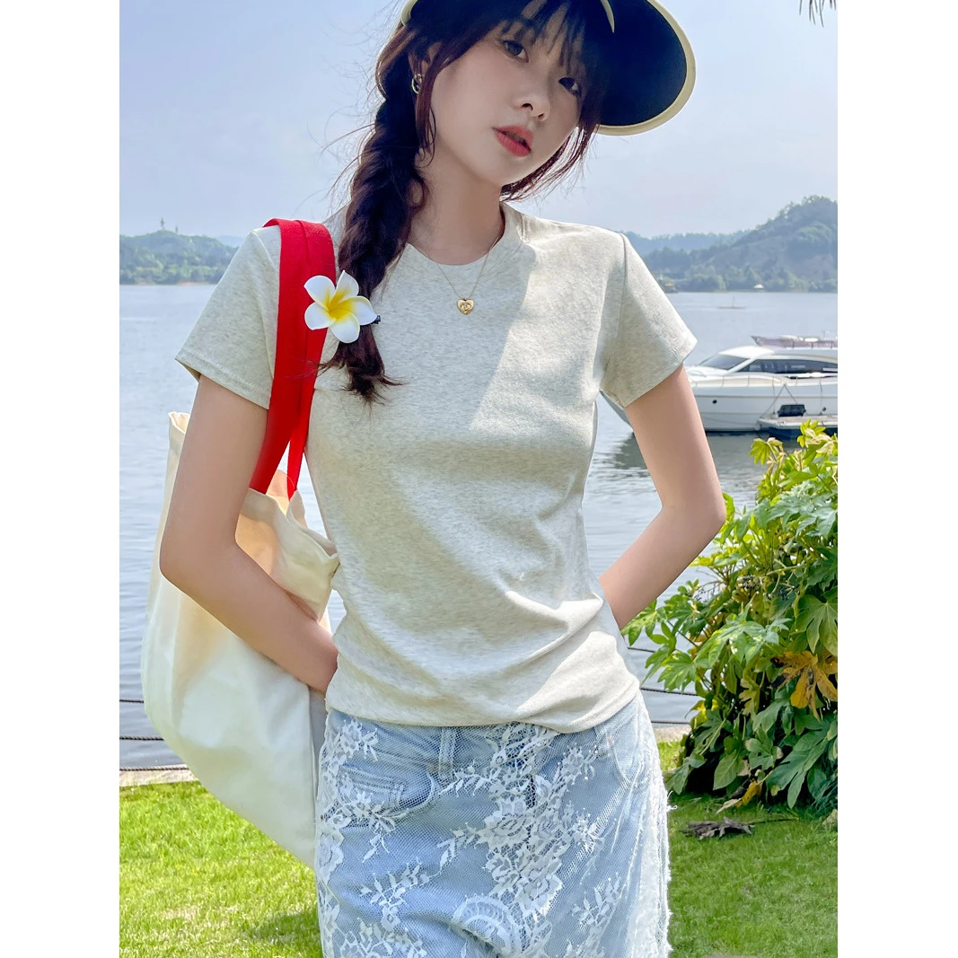 2025夏季新款辣妹短袖t恤女修身显瘦洋气正肩圆领基础款小上衣ins