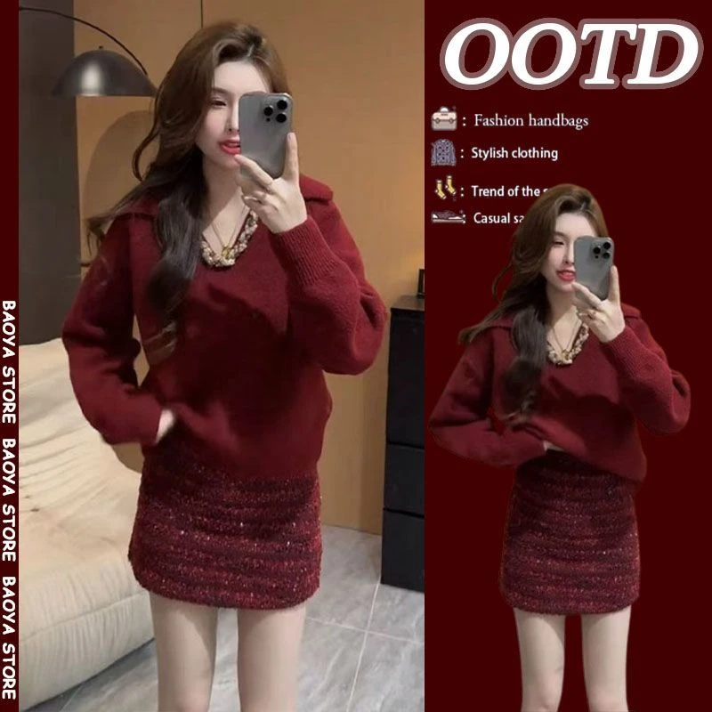 过年衣服一整套2025新款韩系设计感红色v领毛衣亮片包臀短裙套装