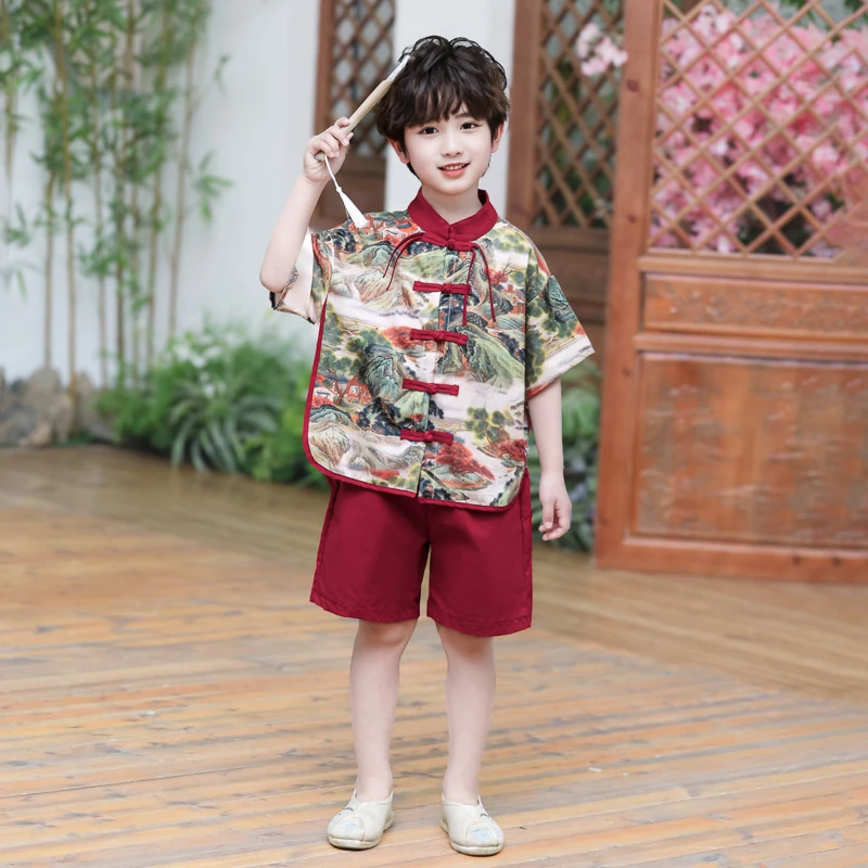 六一儿童表演服男童汉服夏季山水画男孩短袖唐装套装宝宝国风衣服