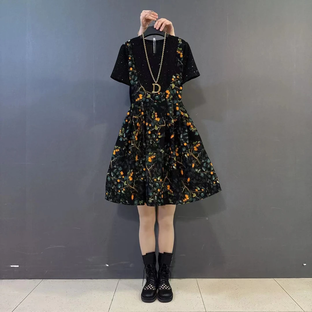 大码胖ＭＭ新款碎花拼接假两件连衣裙圆领显瘦裙