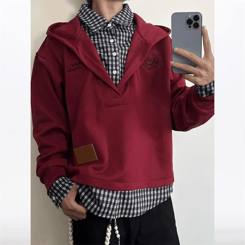 酒红色格子假两件设计连帽卫衣男款秋季复古学院风高级感休闲外套
