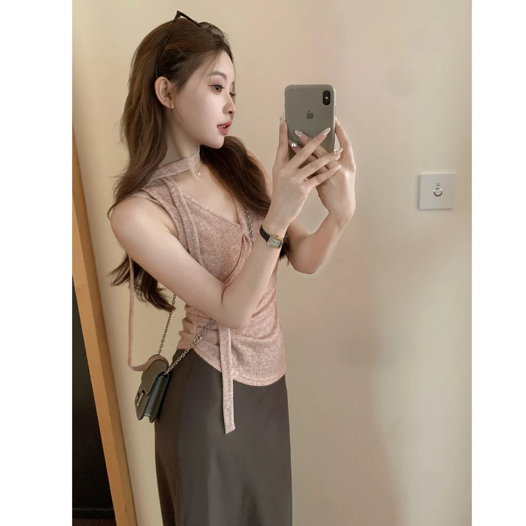 SZA【夏日之约】夏季新款韩系不对称下摆设计飘带背心上衣A-1956