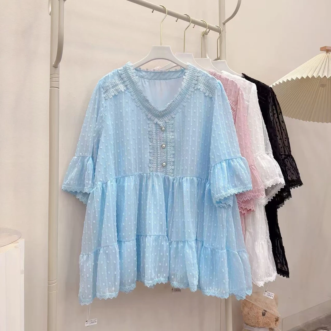 胖胖家*2510新款蕾丝V领三粒扣收腰百搭显瘦娃娃衫