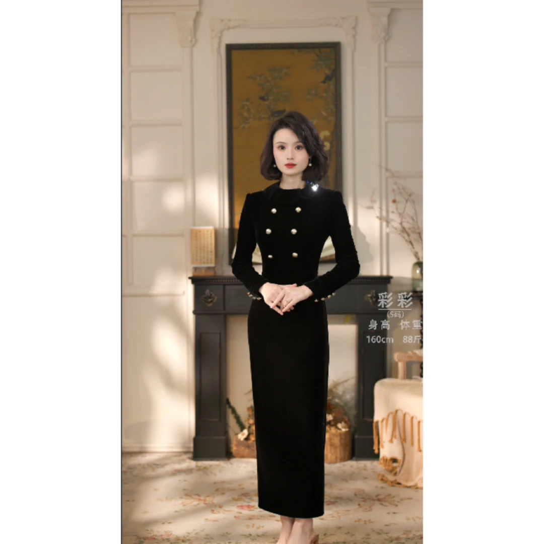 彩彩家【千金归来】修身显瘦气质高级黑色日常优雅长袖收腰连衣裙