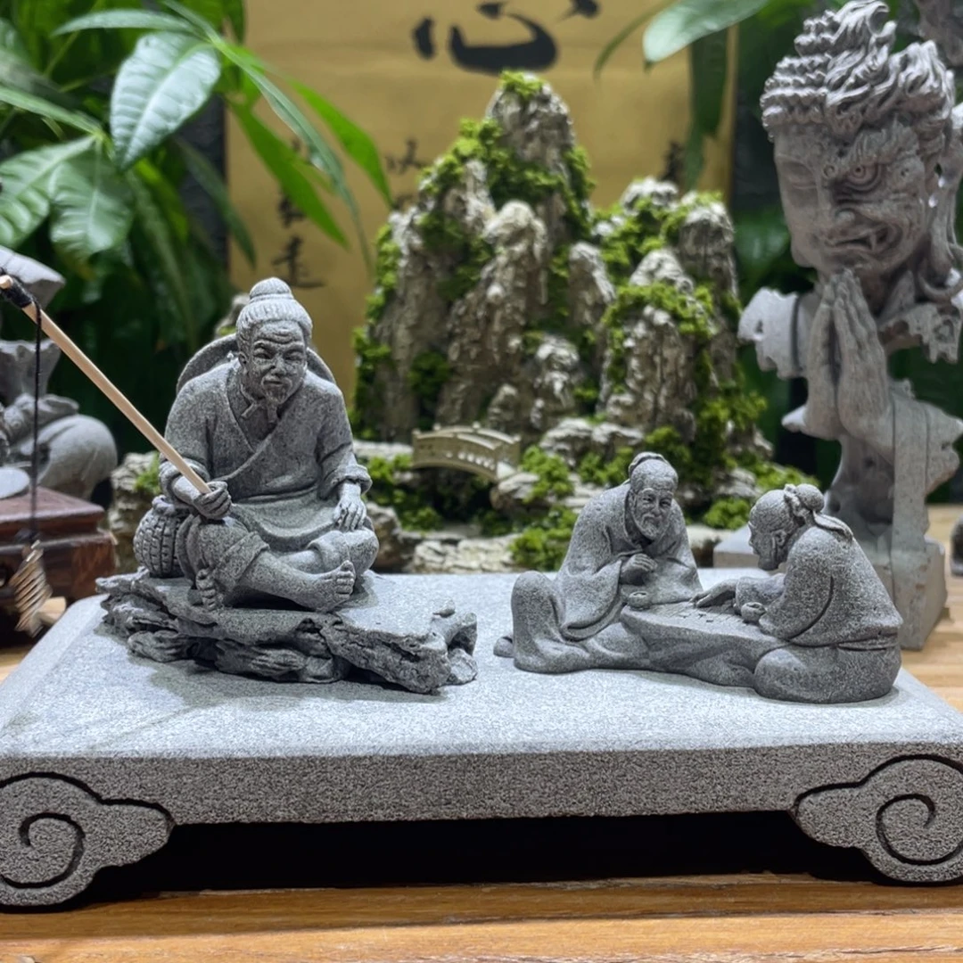 石材钓鱼一个下棋一个