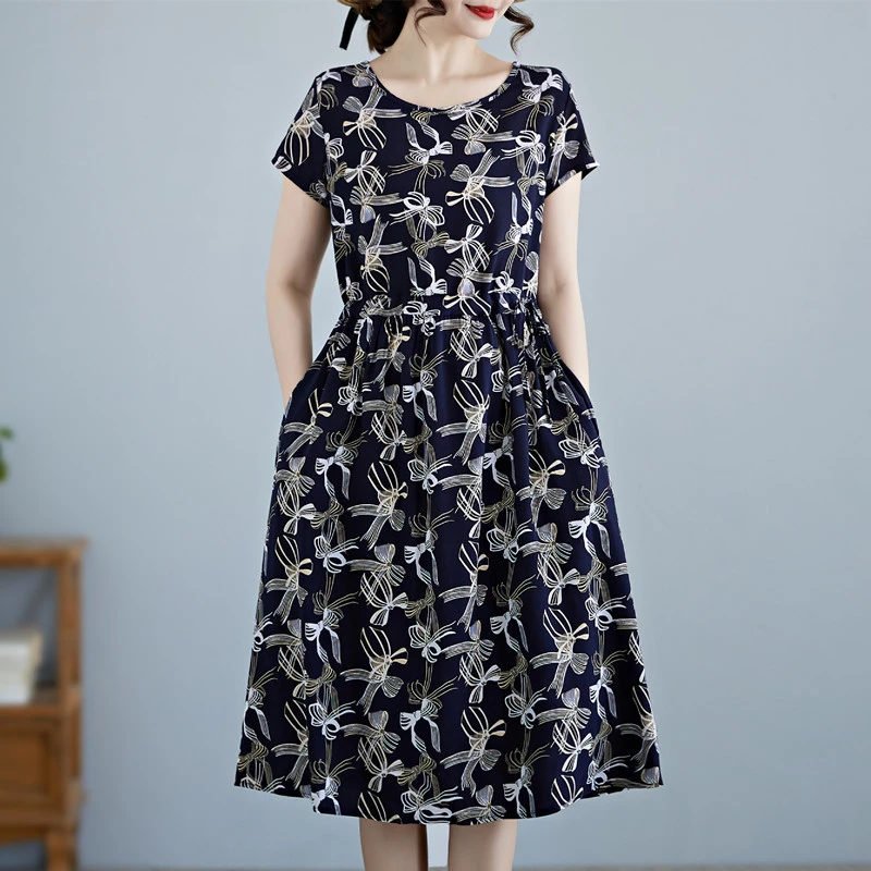 棉绸短袖连衣裙女夏新款时尚宽松遮肚显瘦系带收腰过膝中长款裙子