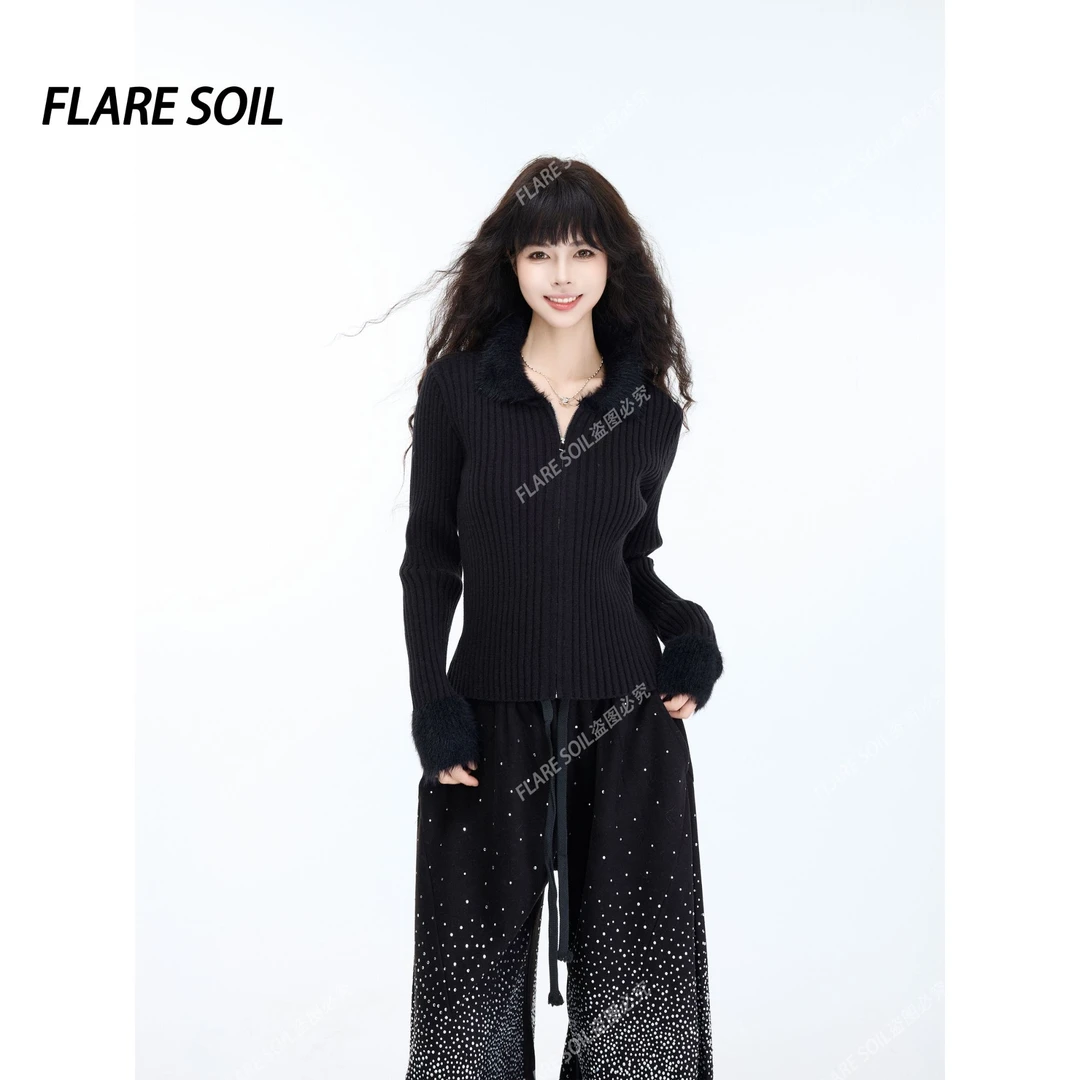 【FLARE SOIL】毛领针织竖坑条纹开衫拉链翻领外套 T40390A