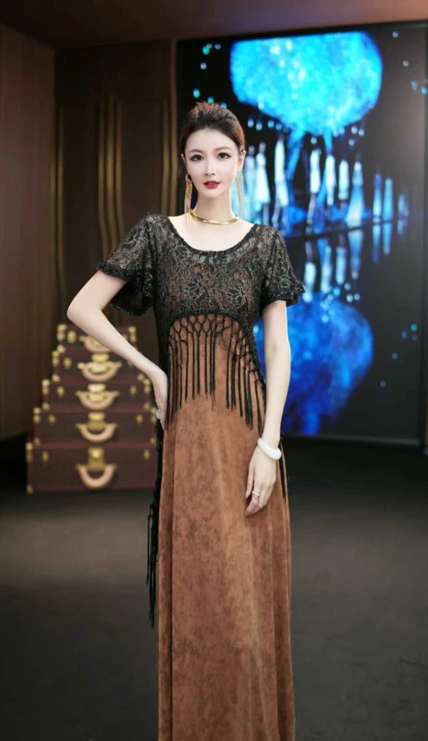 YINGHOU【曼曼】高贵夏季气质中长款拼接设计师连衣裙 D1513