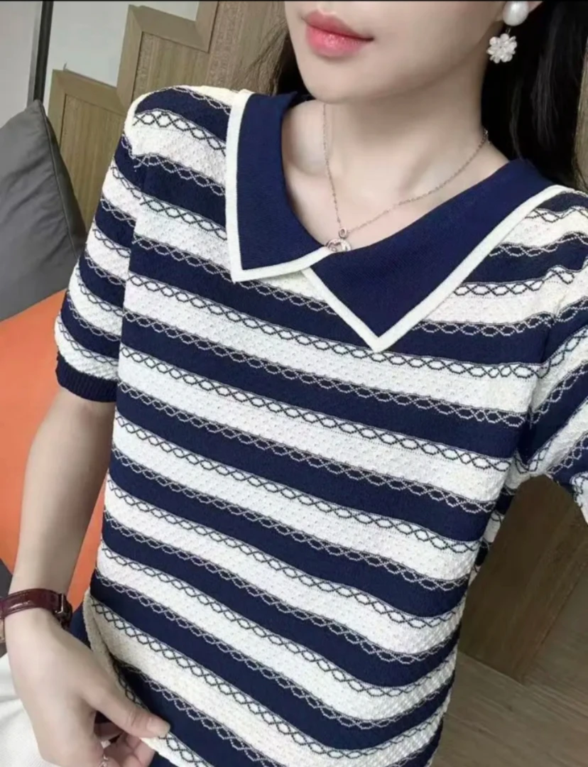 1283大码短袖薄款宽松型夏季毛针织衫百搭套头时尚洋气显瘦撞色