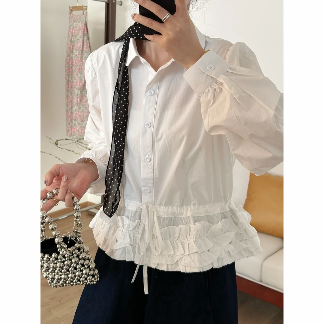 【歡囍】2025春季上新韩版潮时尚百搭下摆抽绳花边长袖休闲衬衫