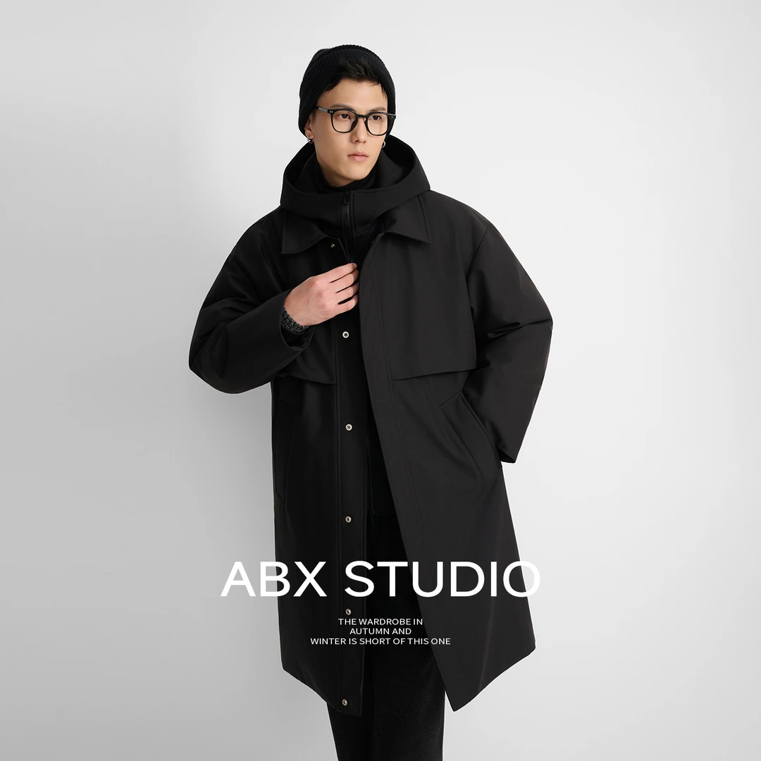 abx 新国标90白鸭绒 针织连帽立领假两件 冬季中长款羽绒服男外套