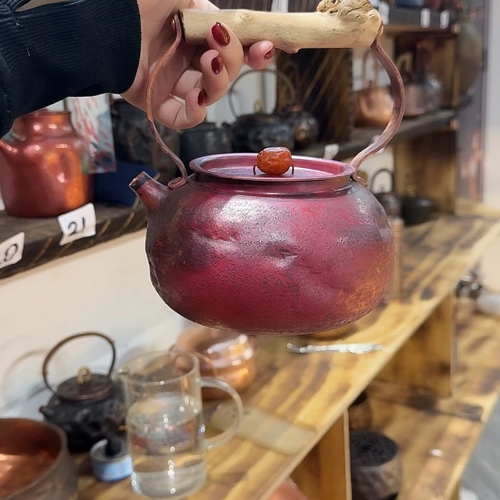 明***吗紫铜手工制作摆件一个苹果壶烤色