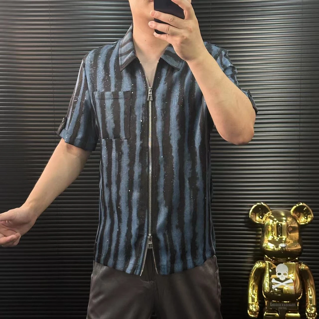 FLD夏季新款修身男士休闲时尚高品质竖条纹纹理双拉链夹克