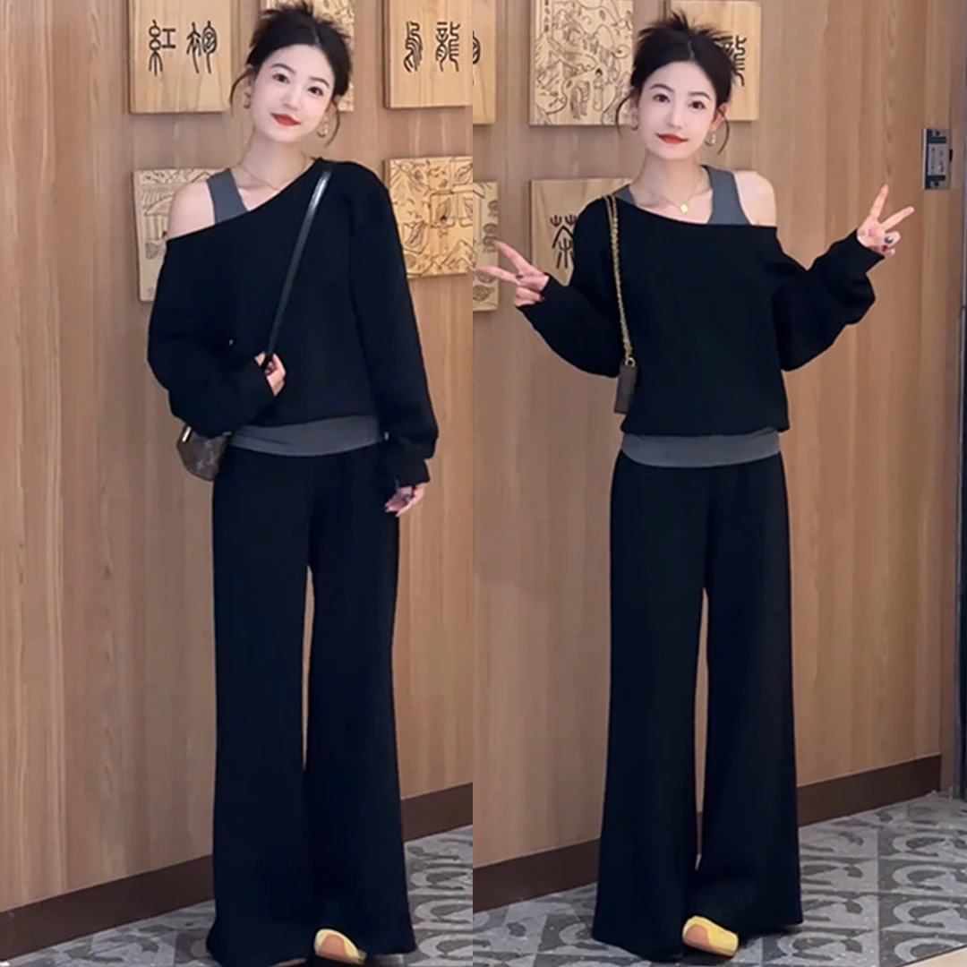 巨好看秋季穿搭套装女时尚假两件斜肩长袖卫衣高腰阔腿裤两件套潮