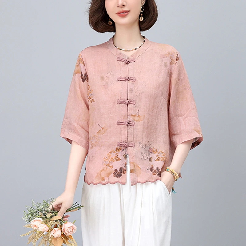 新中式盘扣提花圆领苎麻衬衫女2025夏季薄款高端宽松显瘦衬衣上衣