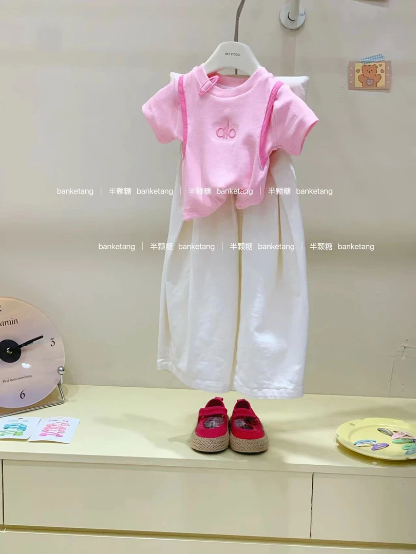 现货  女童粉色短款辣妹上衣2025夏季夏款韩版童装宝宝洋气两件套