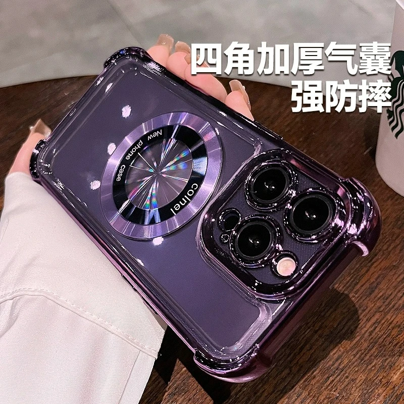 适用苹果15Promax透明14plus四角防摔13磁吸充手机壳12镜头全包11