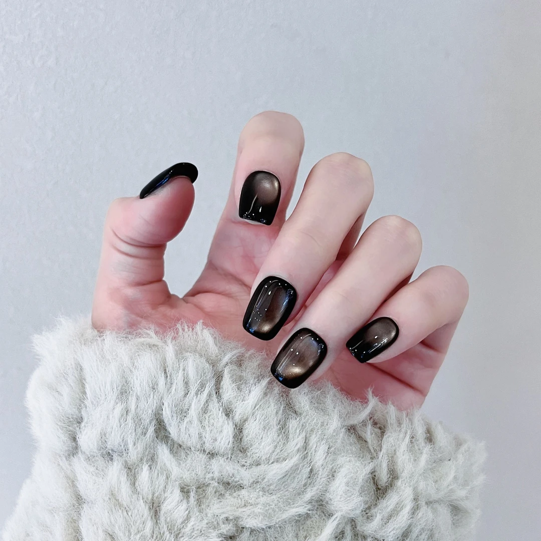 【追光】高级感秋冬手工美甲水光猫眼黑色棕色气质短款显白穿戴甲
