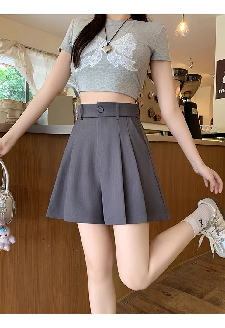 灰色百褶西装短裤女夏季薄款高腰短裙裤气质显瘦a字显瘦阔腿裤