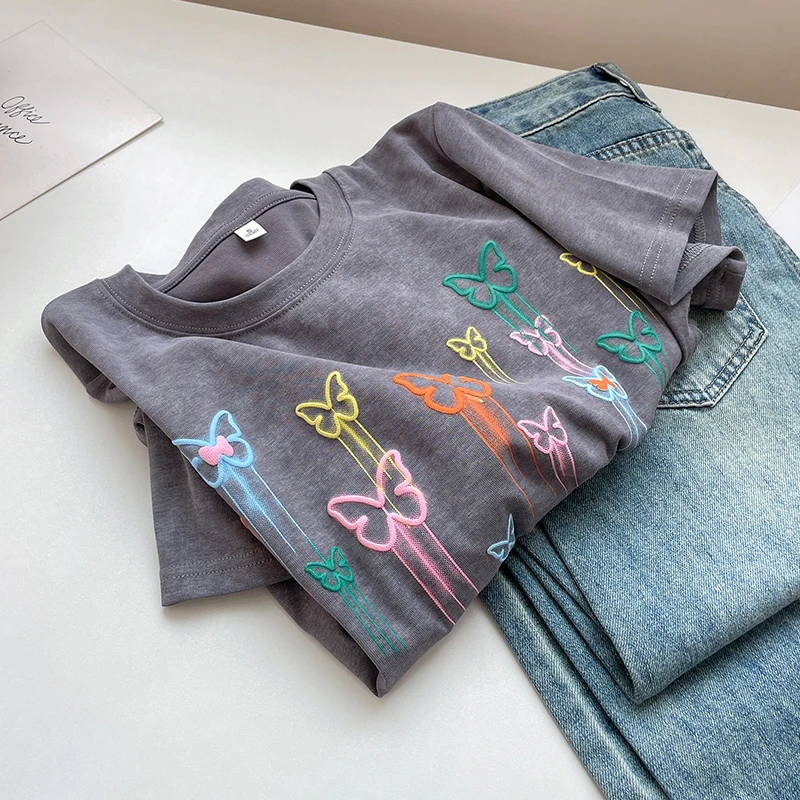 美式复古发泡蝴蝶短袖T恤衫设计感潮流百搭上衣服洋气小众女装夏