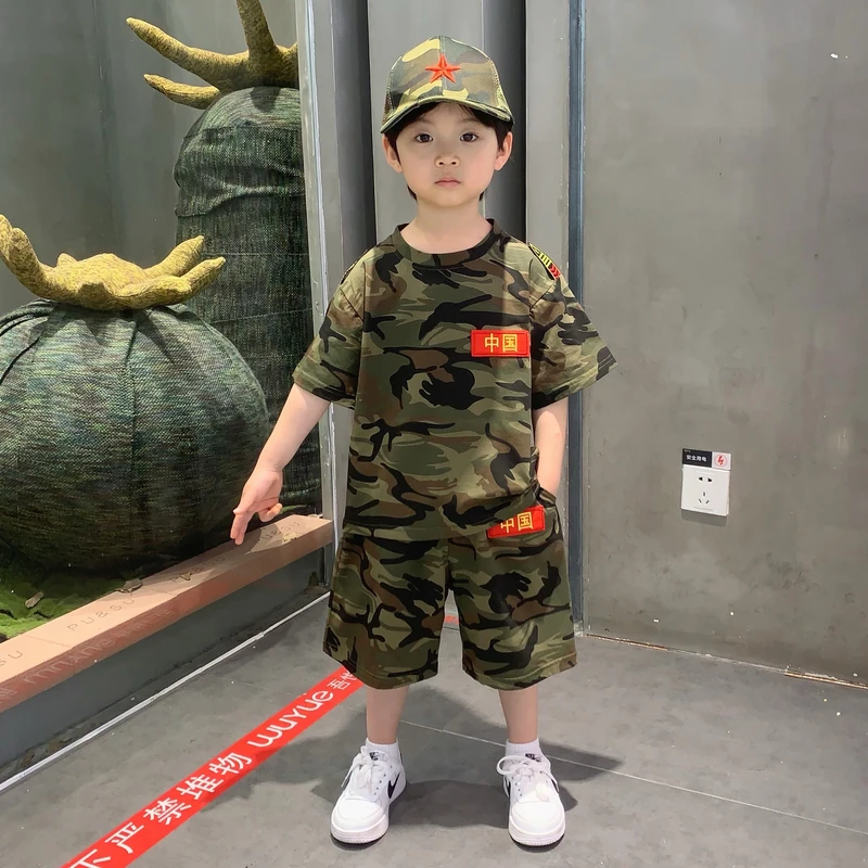 儿童迷彩服2025新款男童夏装套装男宝宝短袖童装男孩帅气军训衣服
