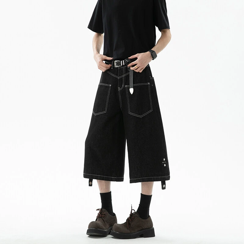 黑色原牛仔短裤男款夏季国潮美式复古七分裤子直筒过膝五分马裤潮