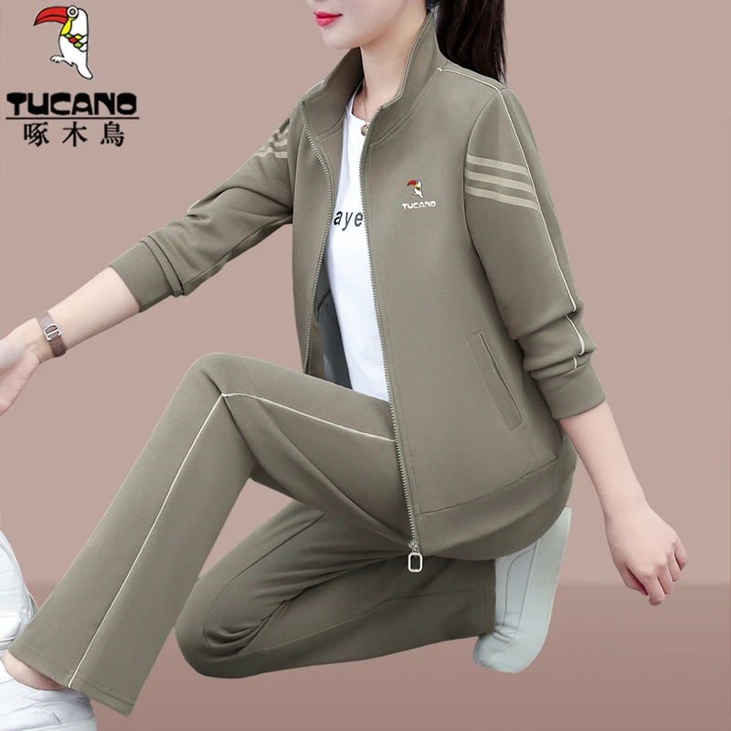 啄木鸟时尚运动套装女2025春秋新款宽松立领小个子开衫休闲三件套