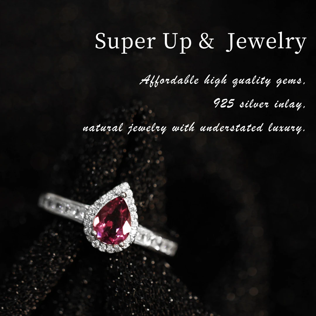 天然石榴石红色显白水滴款开口戒