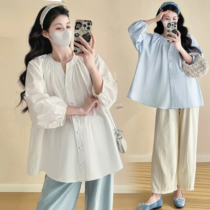 大码2025孕妇春季新款时尚七分袖衬衫女可哺乳灯笼袖上衣200斤潮