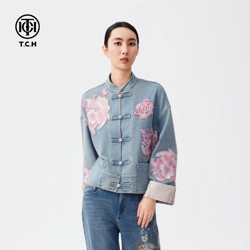 TCH-新中式国风烫钻刺绣宽松洋气时尚做旧衣服牛仔外套T72C068013