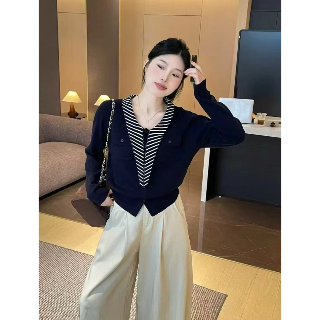短款针织条纹长袖秋季女毛针织衫显瘦上衣开衫小香风休闲百搭气质
