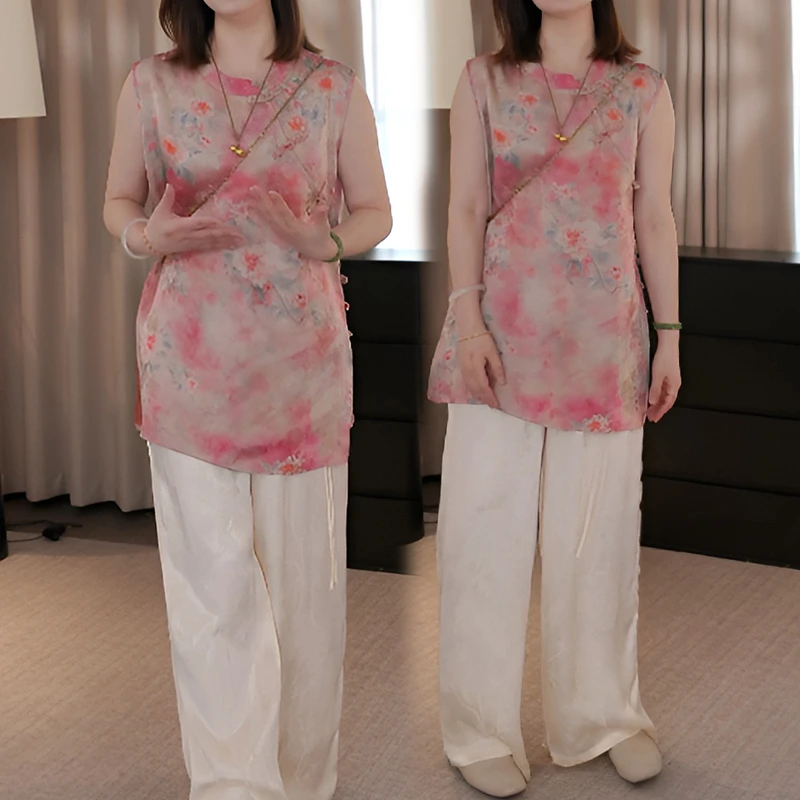 2025夏季新款时尚新中式国风斜门襟提花上衣女显瘦直筒休闲裤套装