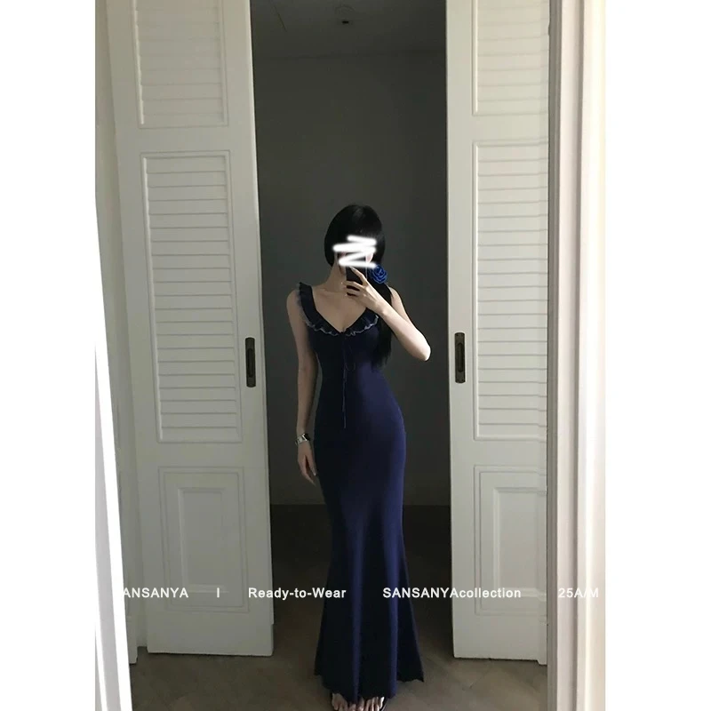 【一枝栗栗】辣妹修身连衣裙性感包臀长裙深蓝色蕾丝鱼尾吊带裙